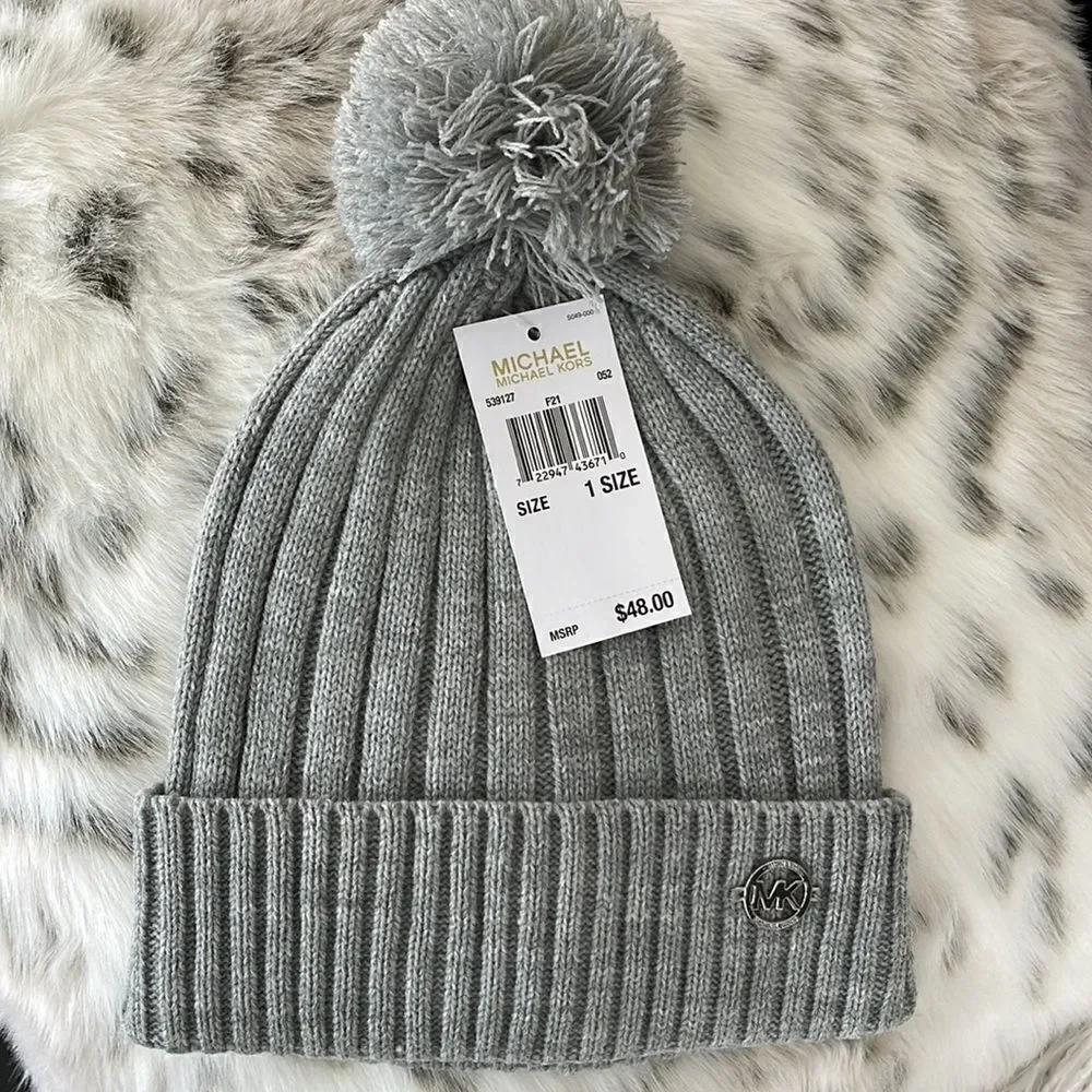 Michael Kors Light Gray Pom Pom Beanie Ribbed Knit Women's Hat NWT
